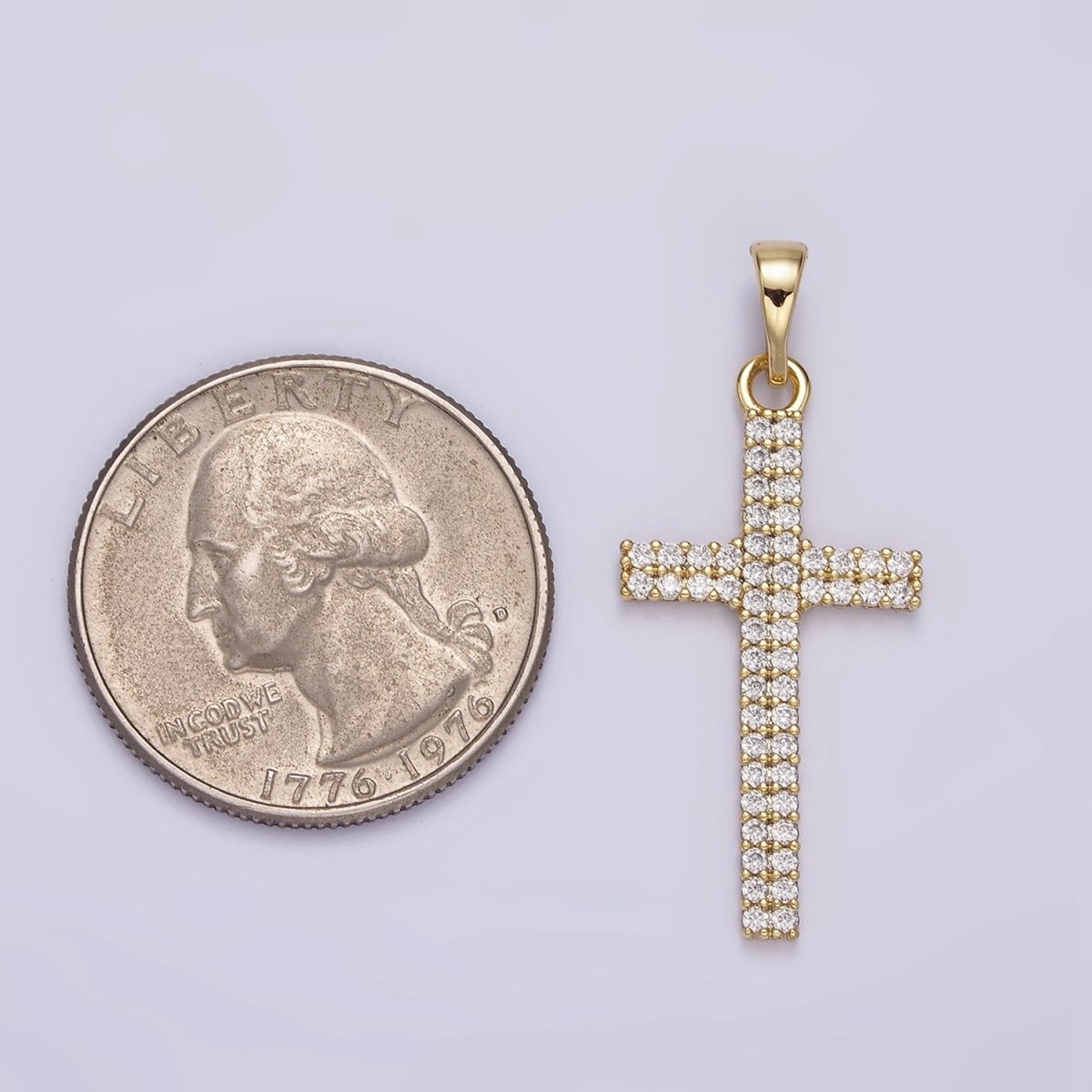 14K Gold Filled Clear Double Band CZ Micro Paved Religious Latin Cross like Friends | AA723