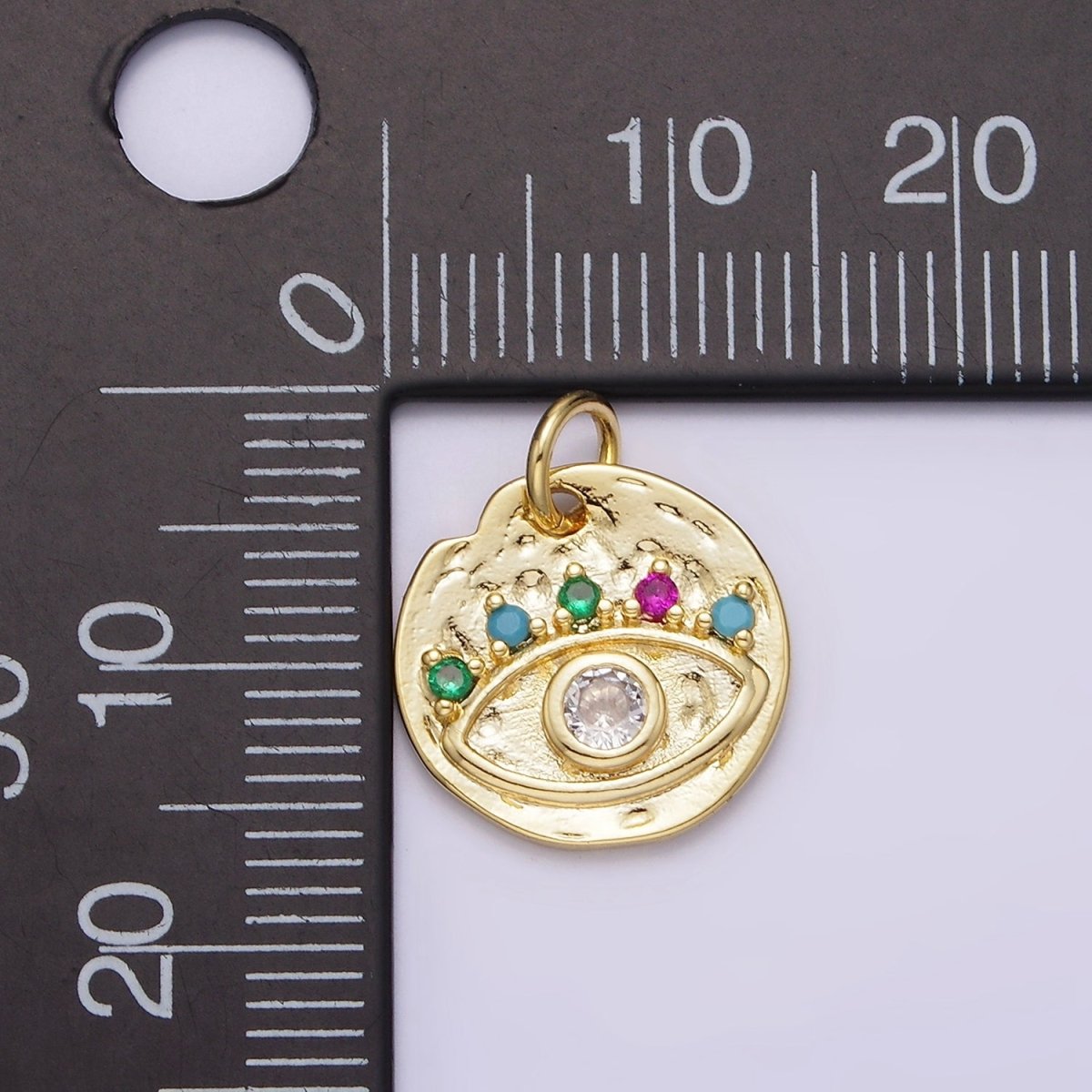 14K Gold Filled Clear Evil Eye Multicolor CZ Lash Hammered Round Charm | N991