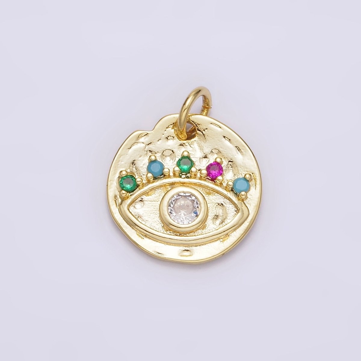 14K Gold Filled Clear Evil Eye Multicolor CZ Lash Hammered Round Charm | N991