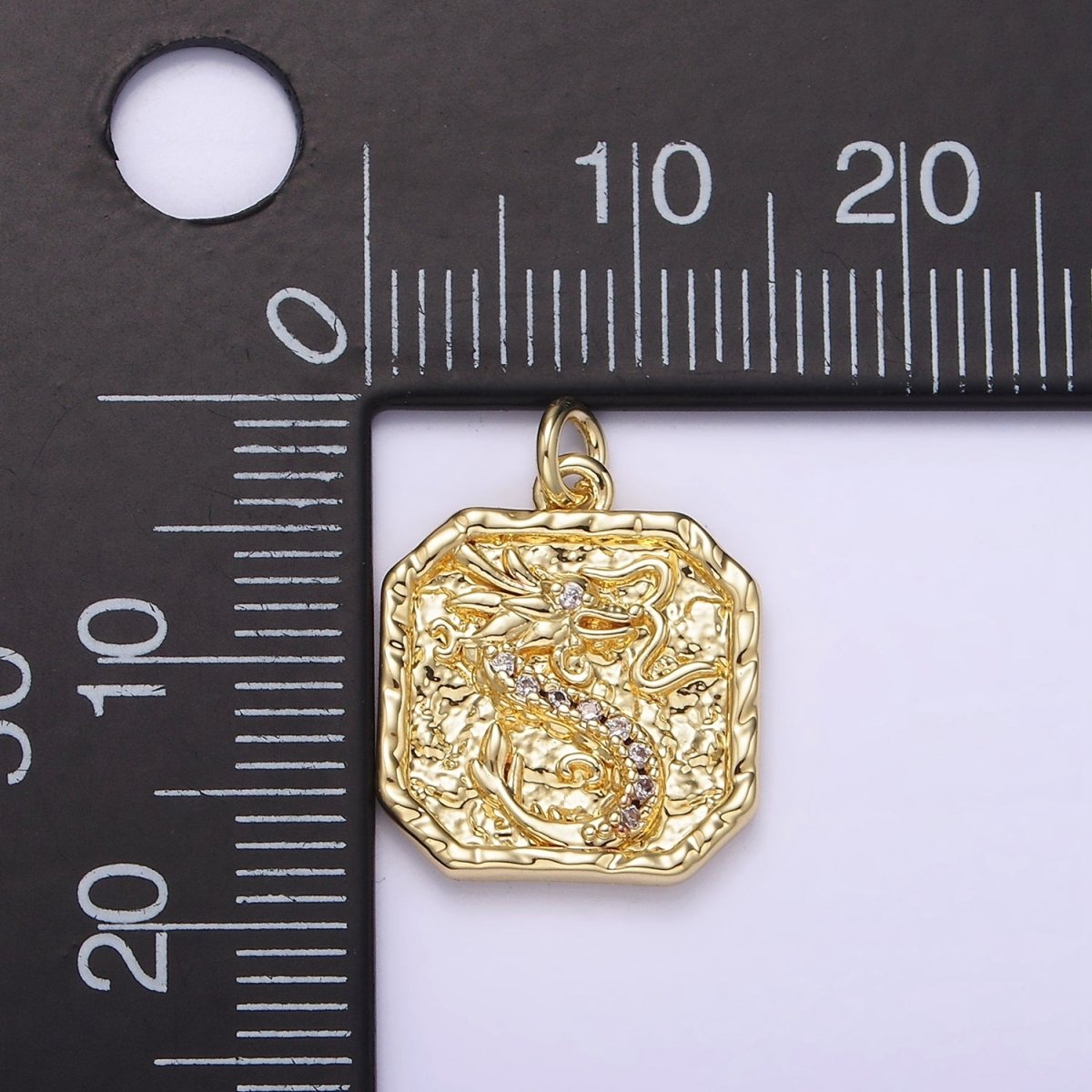 14K Gold Filled Clear-Eyed CZ Dragon Micro Paved Hammered Hexagonal Charm | AG281