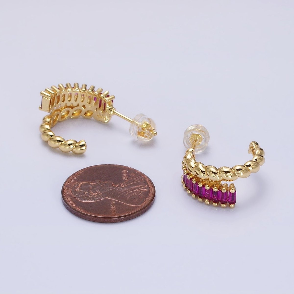 14K Gold Filled Clear, Fuchsia, Green Baguette Croissant Double Band C-Shaped Hoop Earrings in Gold & Silver | AB1508 - AB1513