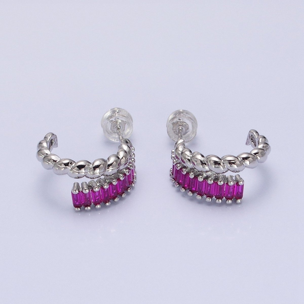 14K Gold Filled Clear, Fuchsia, Green Baguette Croissant Double Band C-Shaped Hoop Earrings in Gold & Silver | AB1508 - AB1513