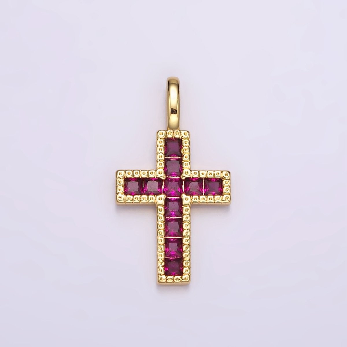 14K Gold Filled Clear, Fuchsia, Green, Blue, Multicolor Square CZ Latin Cross Pendant | AH098 - AH102