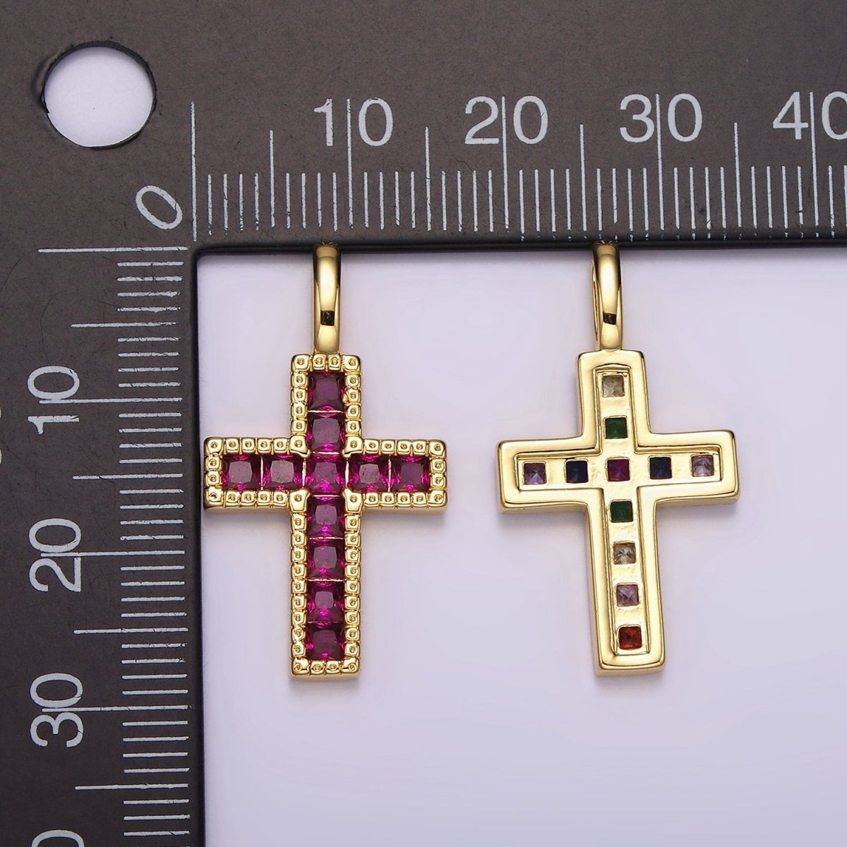 14K Gold Filled Clear, Fuchsia, Green, Blue, Multicolor Square CZ Latin Cross Pendant | AH098 - AH102
