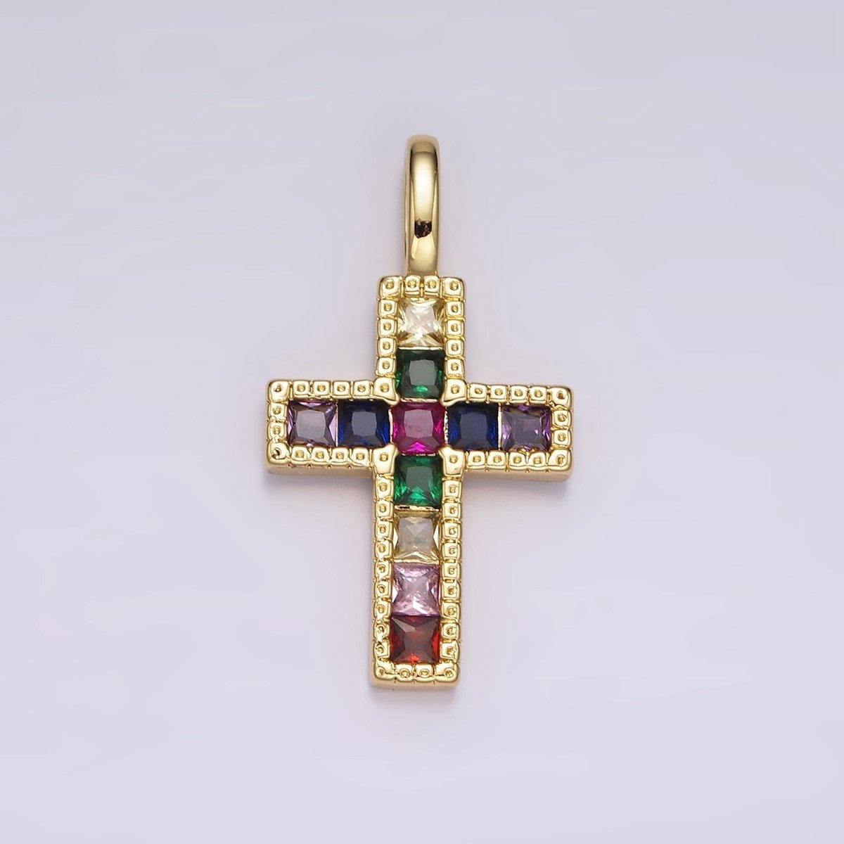 14K Gold Filled Clear, Fuchsia, Green, Blue, Multicolor Square CZ Latin Cross Pendant | AH098 - AH102