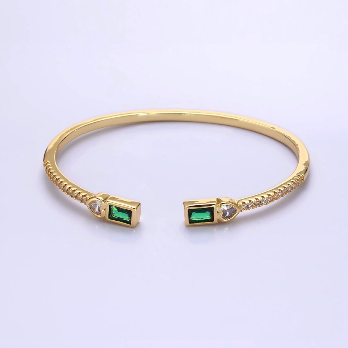 14K Gold Filled Clear, Green, Pink Baguette Heart CZ Micro Paved Cuff Bracelet in Gold & Silver | WA-2124 - WA-2128 Clearance Pricing