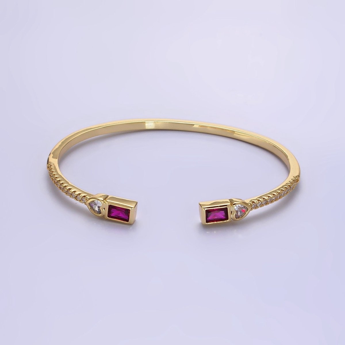 14K Gold Filled Clear, Green, Pink Baguette Heart CZ Micro Paved Cuff Bracelet in Gold & Silver | WA-2124 - WA-2128 Clearance Pricing