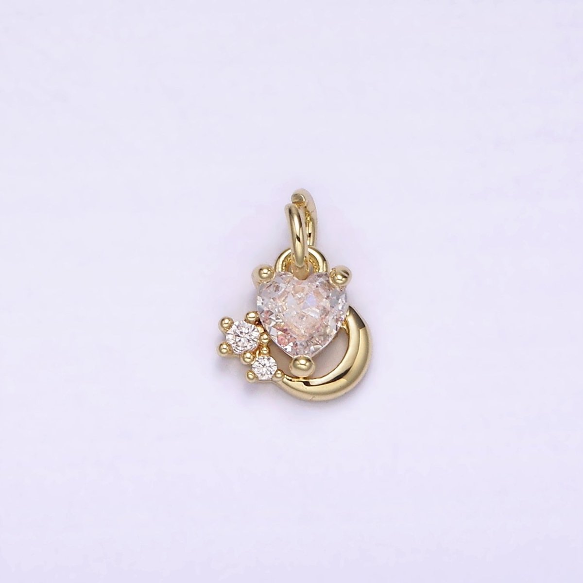 14K Gold Filled Clear Heart CZ Celestial Crescent Moon Add-On Charm | AG255
