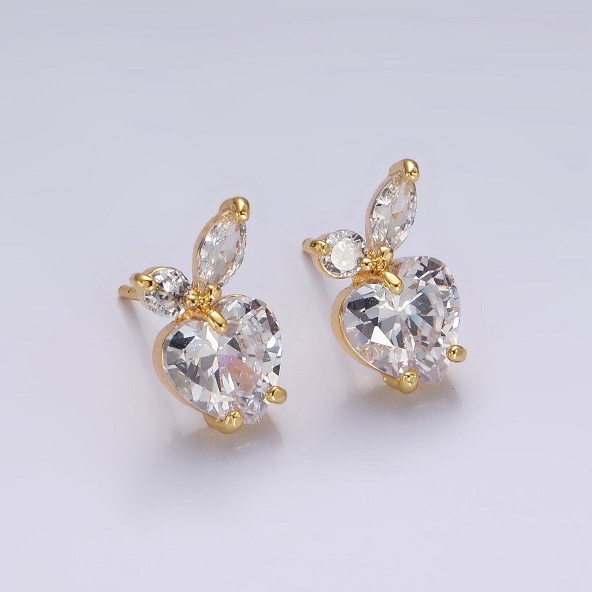 14K Gold Filled Clear Heart CZ Marquise Leaf Fruit Stud Earrings | AE961