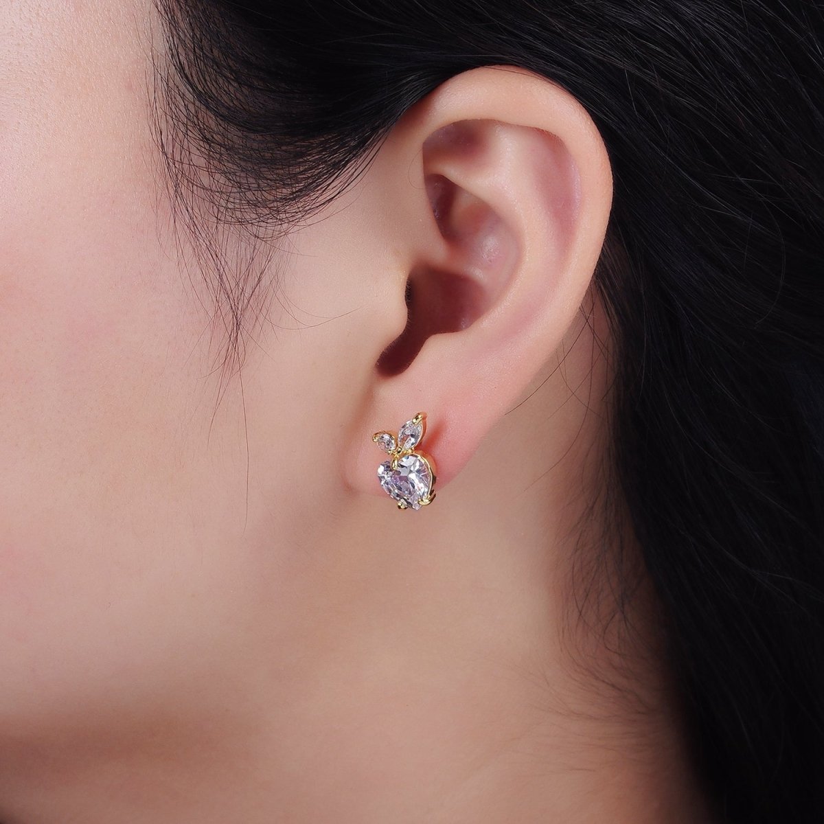 14K Gold Filled Clear Heart CZ Marquise Leaf Fruit Stud Earrings | AE961