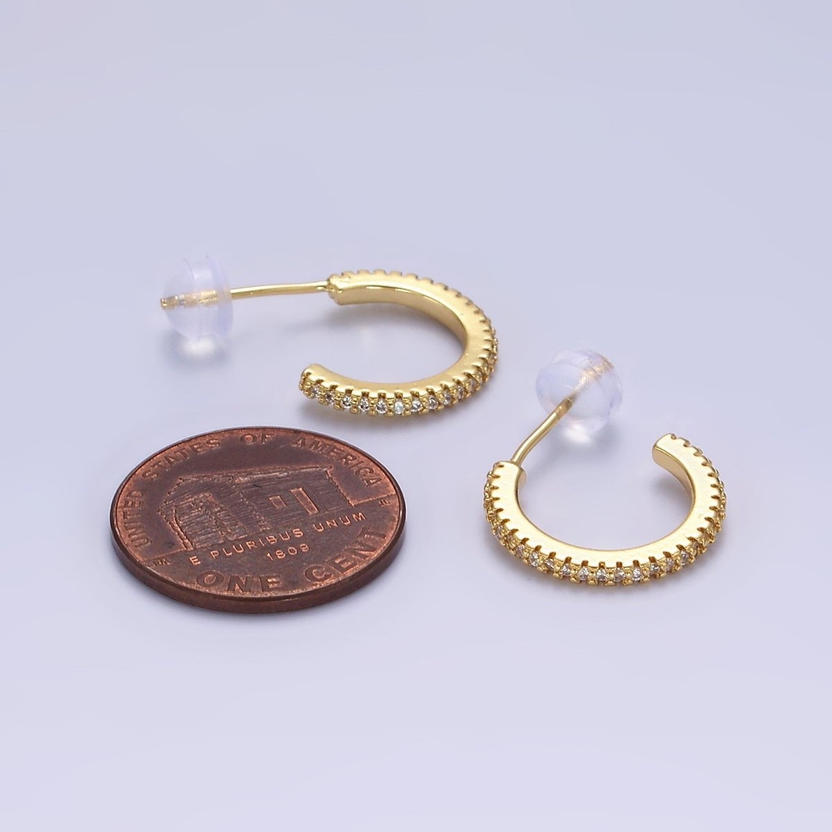14K Gold Filled Clear Micro Paved CZ 15.5mm C-Shaped Hoop Earrings | AE644