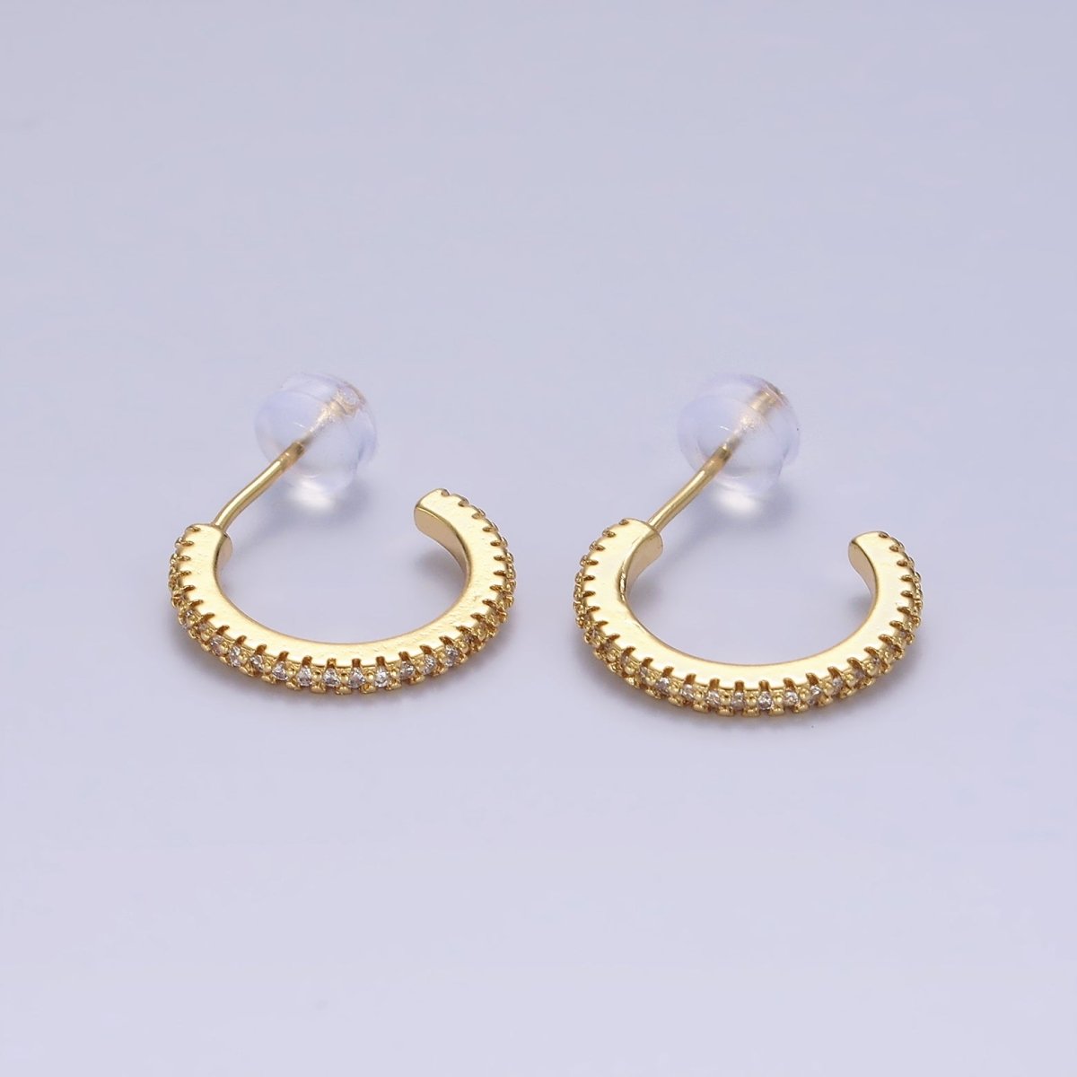 14K Gold Filled Clear Micro Paved CZ 15.5mm C-Shaped Hoop Earrings | AE644