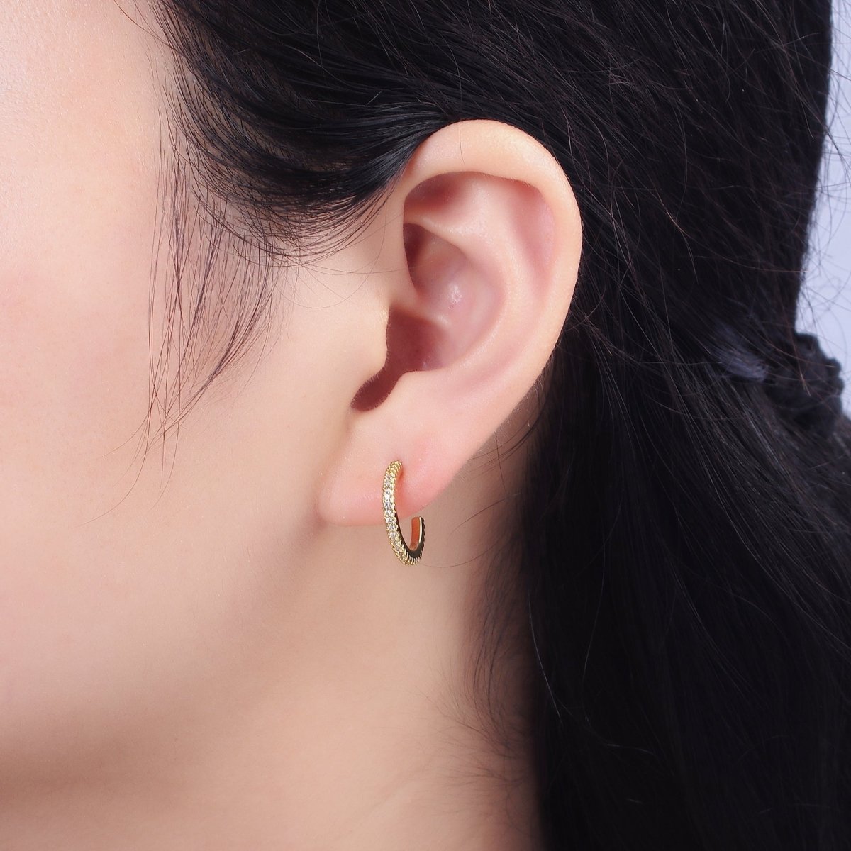 14K Gold Filled Clear Micro Paved CZ 15.5mm C-Shaped Hoop Earrings | AE644