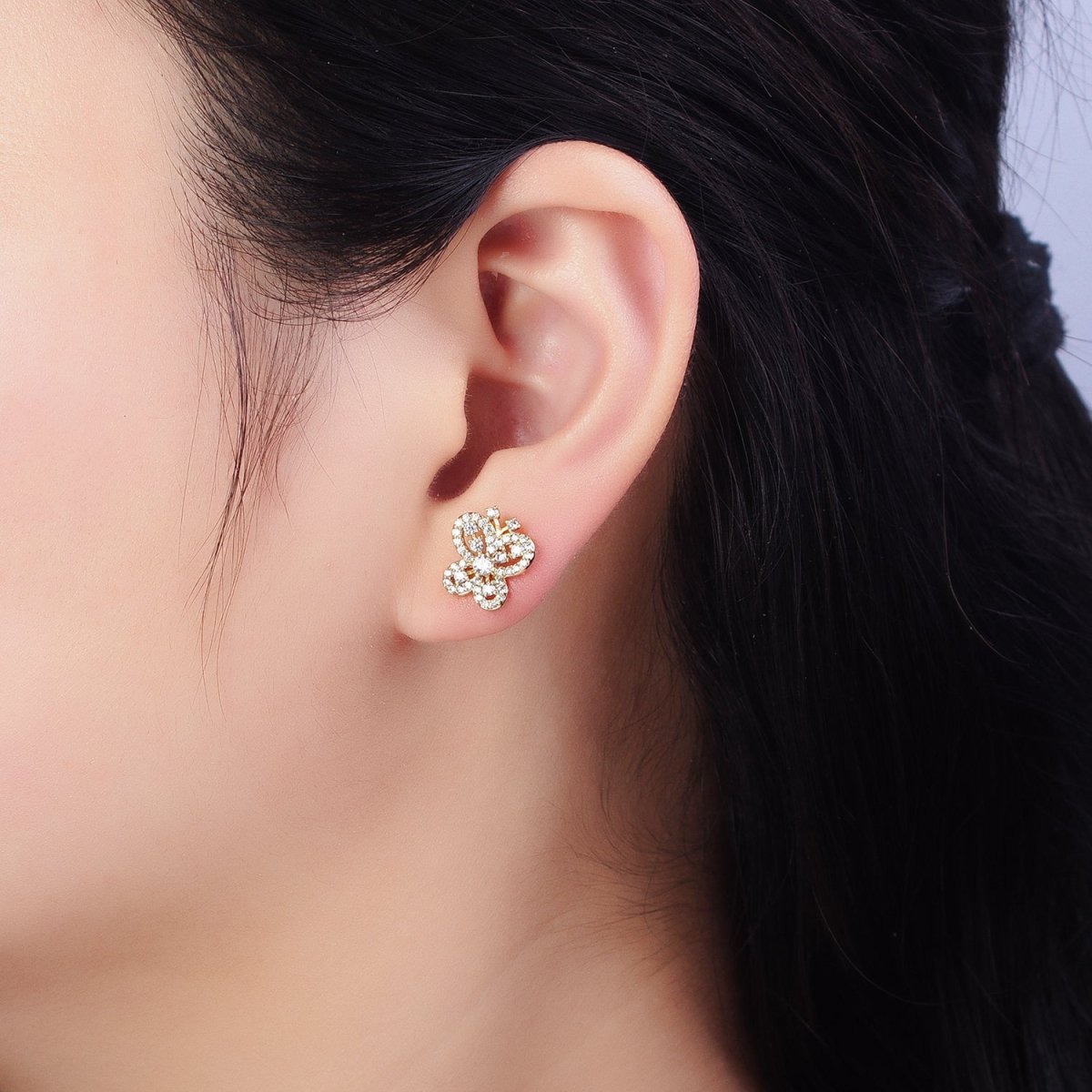 14K Gold Filled Clear Micro Paved CZ Butterfly Mariposa Insect Stud Earrings | AD1531
