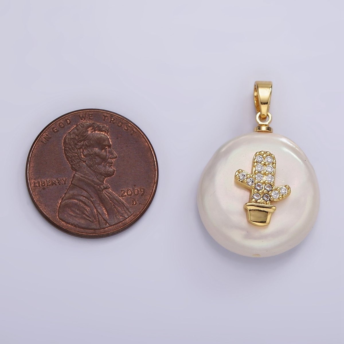 14K Gold Filled Clear Micro Paved CZ Cactus Plant Freshwater Pearl Pendant | P1667