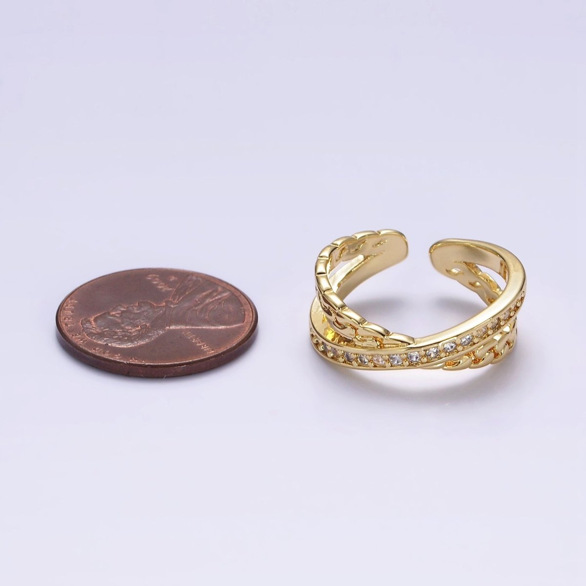14K Gold Filled Clear Micro Paved CZ Chain Link X Cross Double Band Ring in Gold & Silver | O-586 O-587