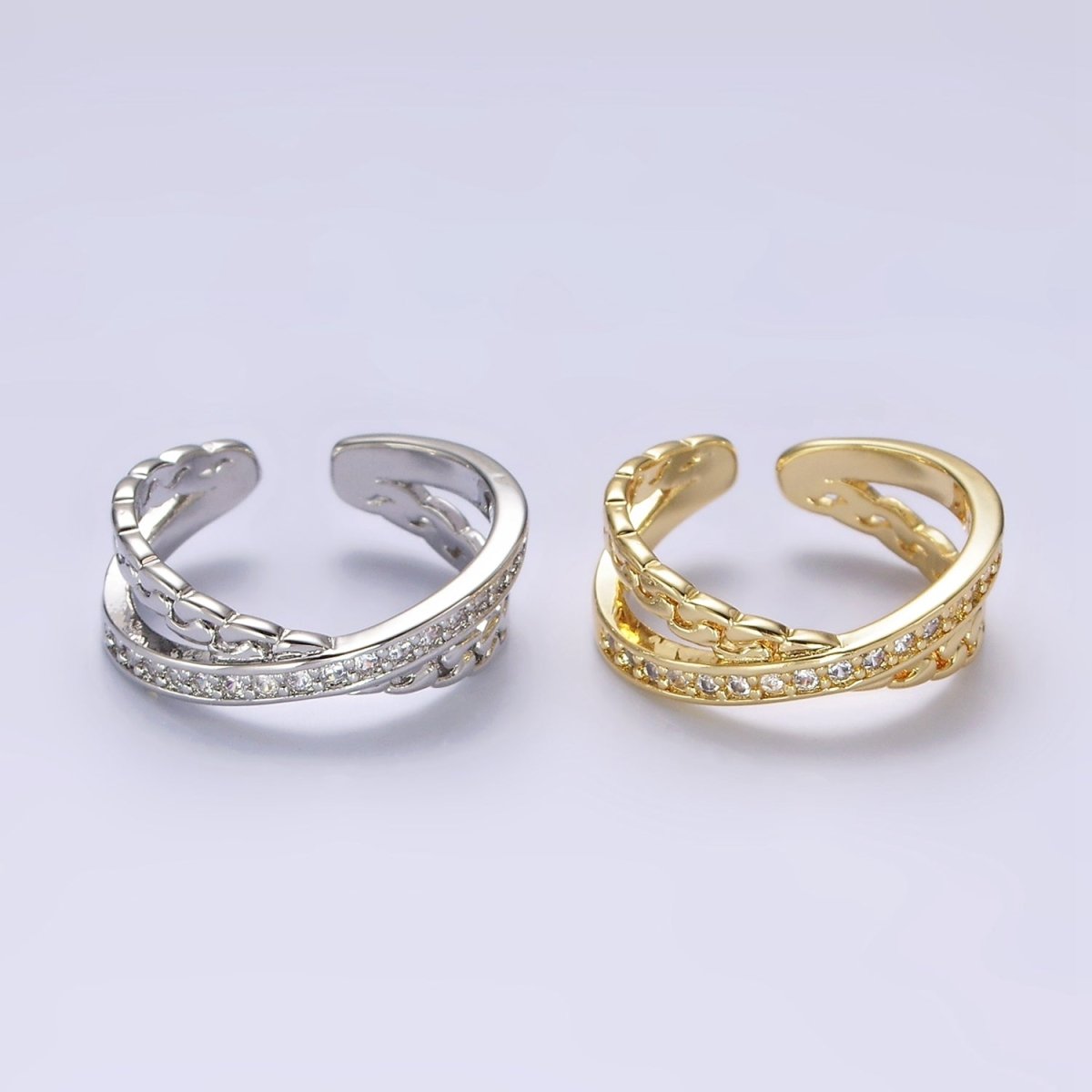 14K Gold Filled Clear Micro Paved CZ Chain Link X Cross Double Band Ring in Gold & Silver | O-586 O-587