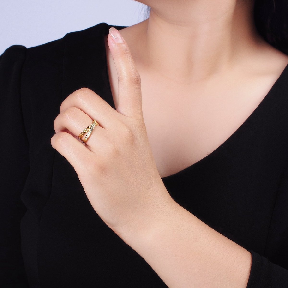 14K Gold Filled Clear Micro Paved CZ Chain Link X Cross Double Band Ring in Gold & Silver | O-586 O-587