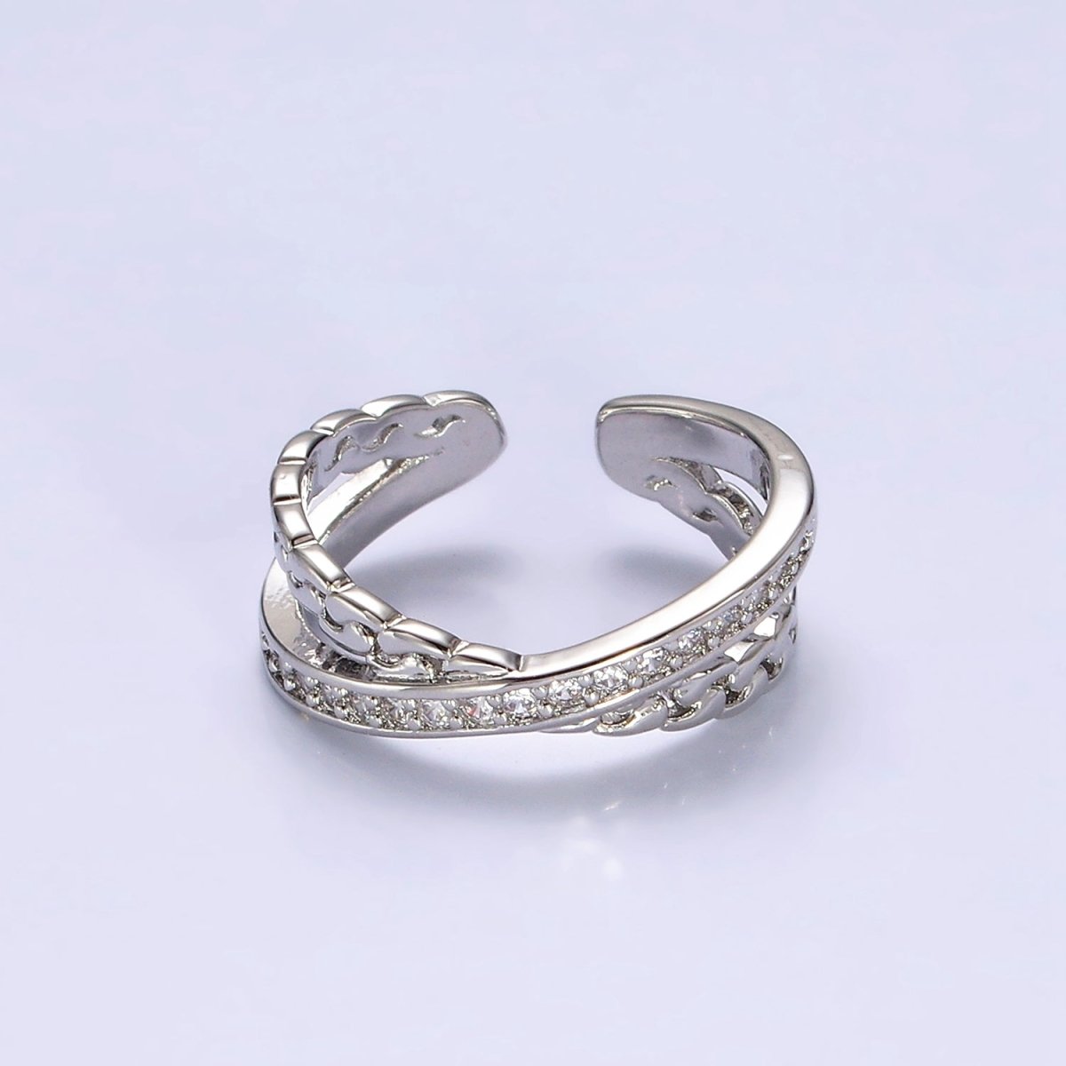 14K Gold Filled Clear Micro Paved CZ Chain Link X Cross Double Band Ring in Gold & Silver | O-586 O-587