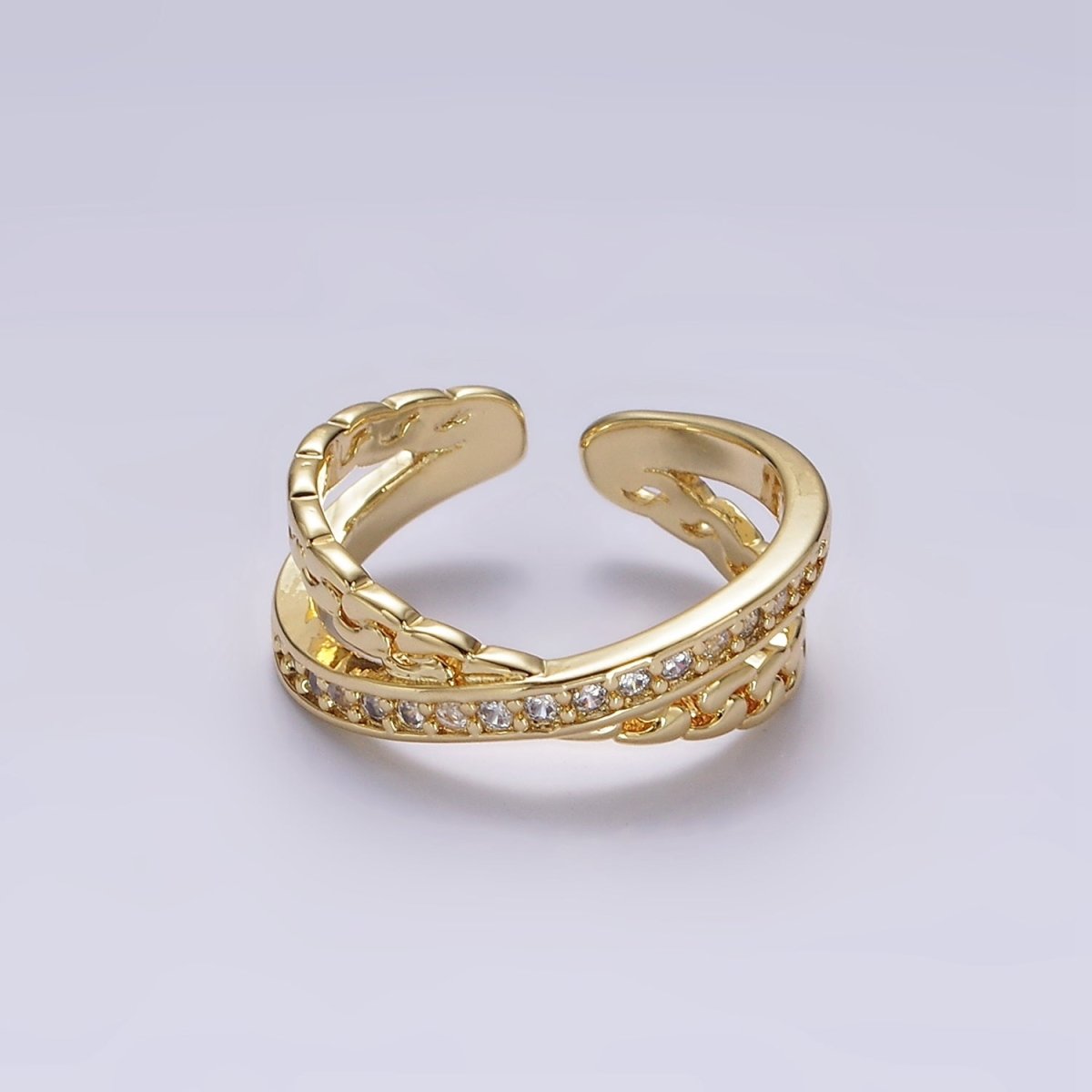 14K Gold Filled Clear Micro Paved CZ Chain Link X Cross Double Band Ring in Gold & Silver | O-586 O-587