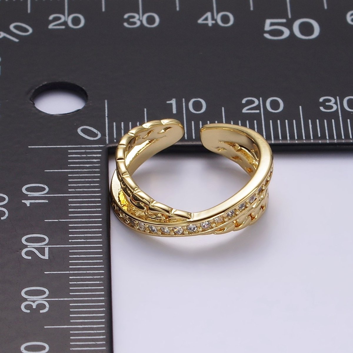 14K Gold Filled Clear Micro Paved CZ Chain Link X Cross Double Band Ring in Gold & Silver | O-586 O-587