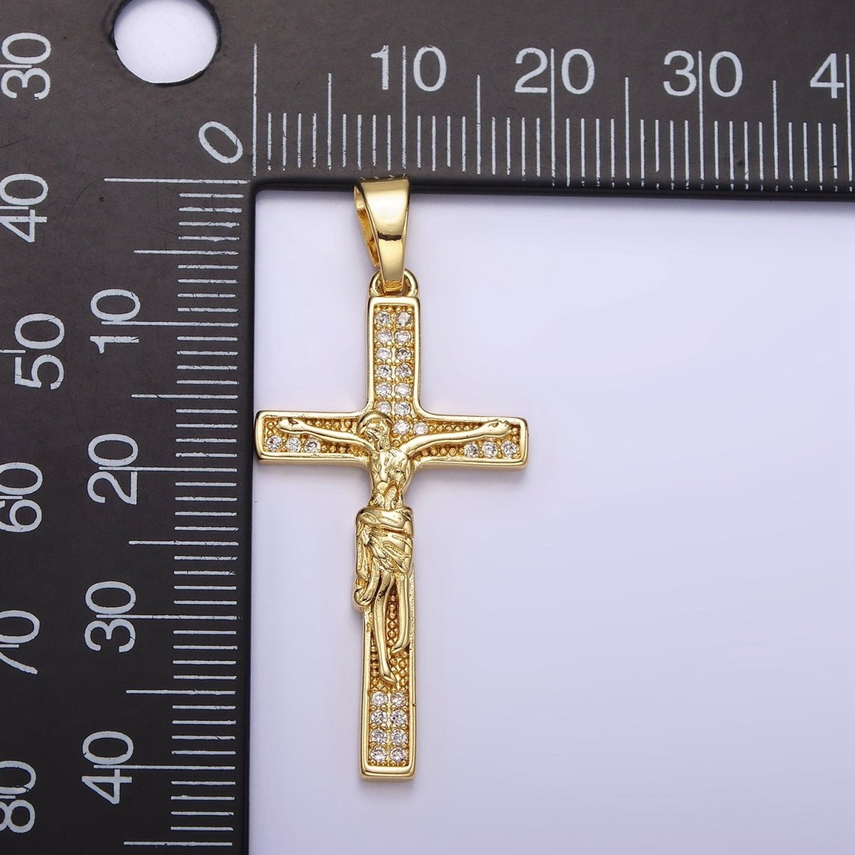 14K Gold Filled Clear Micro Paved CZ Crucifix Latin Cross Pendant | N1281