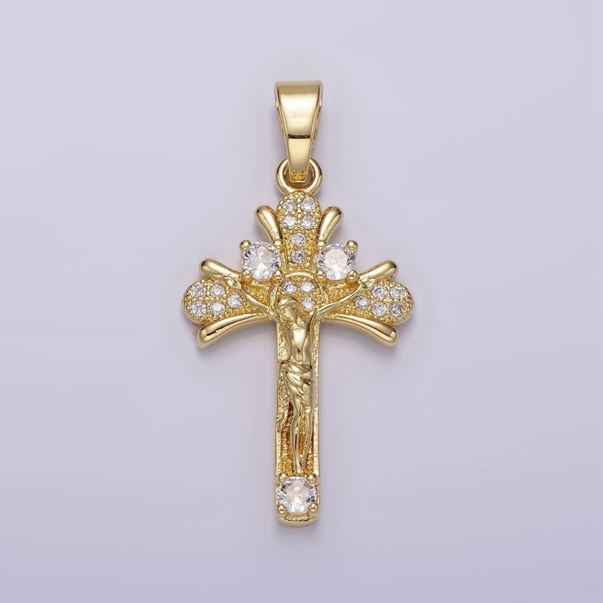 14K Gold Filled Clear Micro Paved CZ Curved Crucifix Cross Pendant | N1282