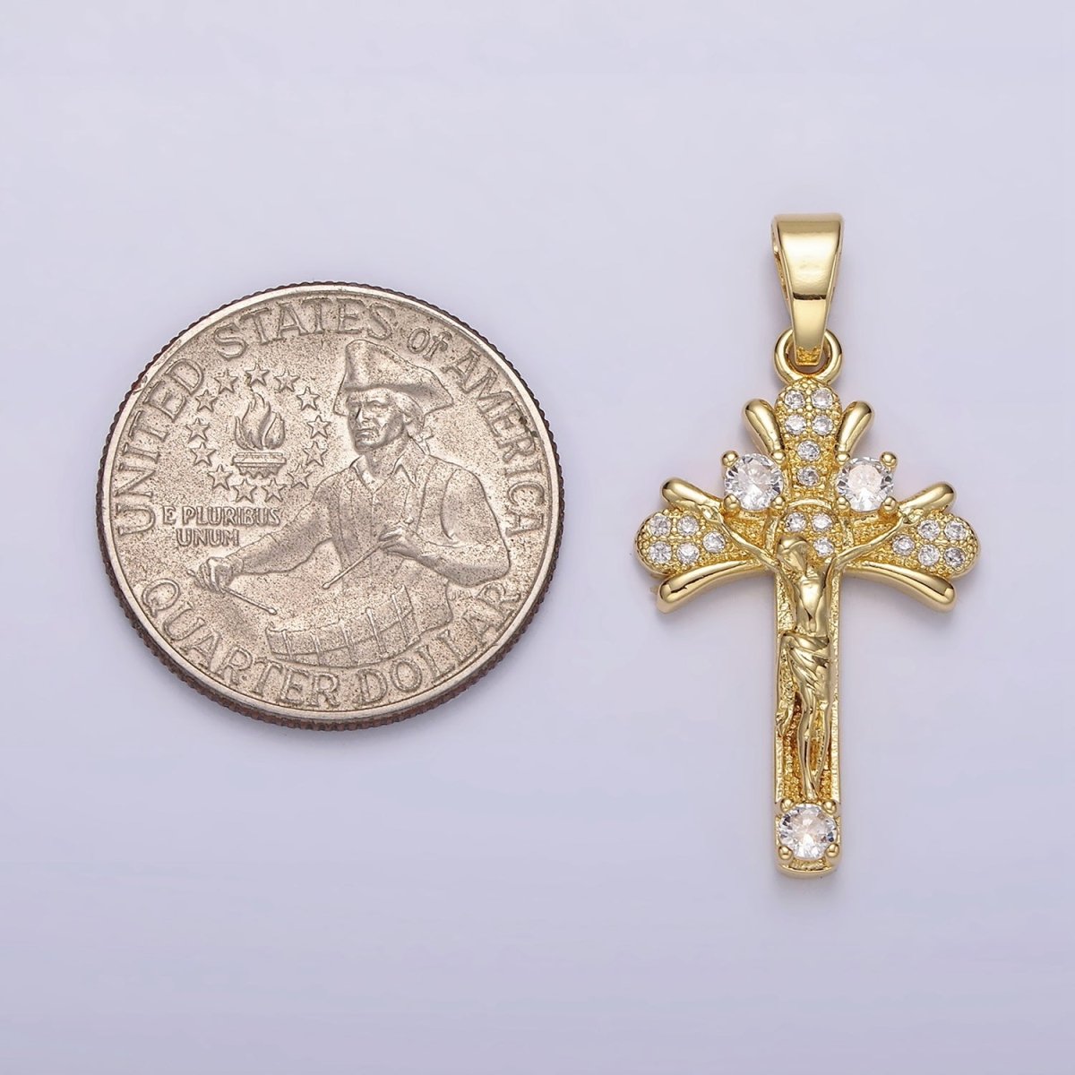 14K Gold Filled Clear Micro Paved CZ Curved Crucifix Cross Pendant | N1282