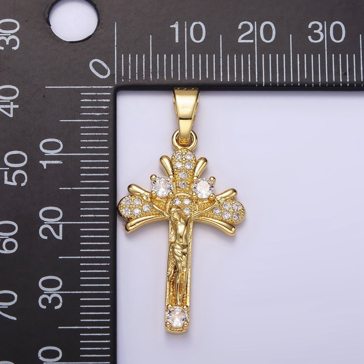 14K Gold Filled Clear Micro Paved CZ Curved Crucifix Cross Pendant | N1282