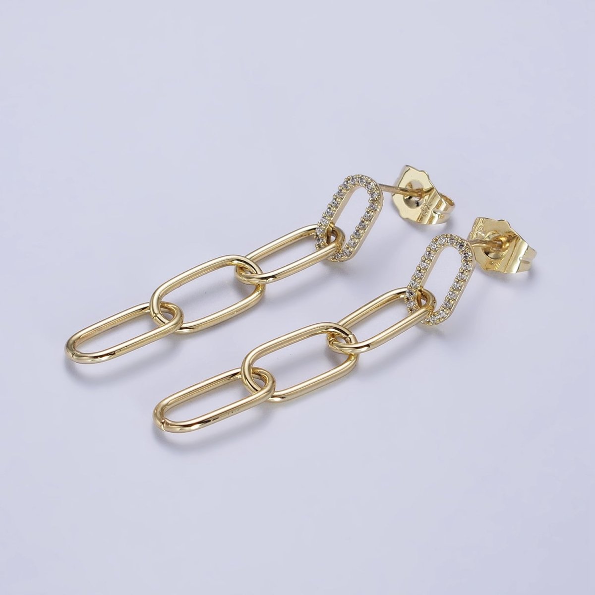 14K Gold Filled Clear Micro Paved CZ Paper Clip Drop Dangle Stud Earrings | AB329
