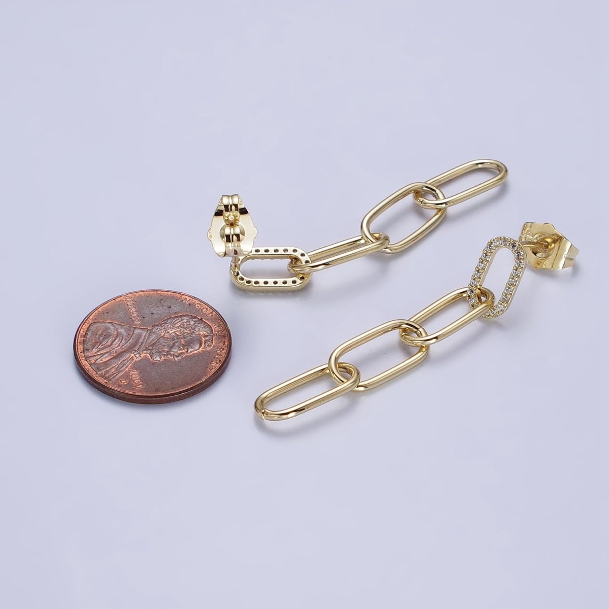 14K Gold Filled Clear Micro Paved CZ Paper Clip Drop Dangle Stud Earrings | AB329