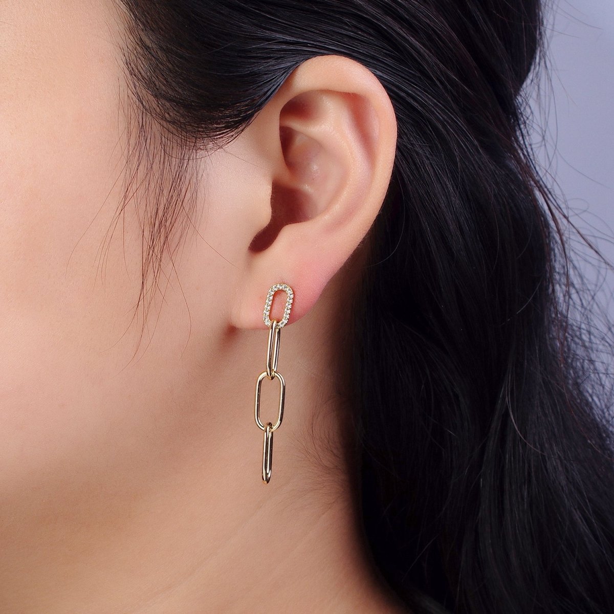 14K Gold Filled Clear Micro Paved CZ Paper Clip Drop Dangle Stud Earrings | AB329
