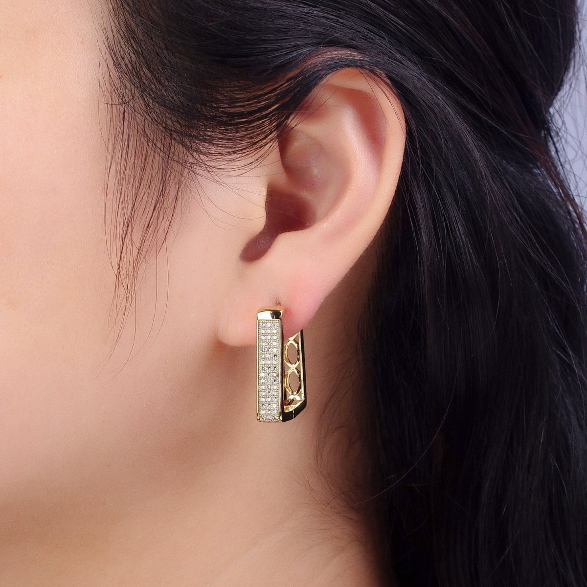14K Gold Filled Clear Micro Paved CZ Rectangular Geometric Hoop Earrings | AB320