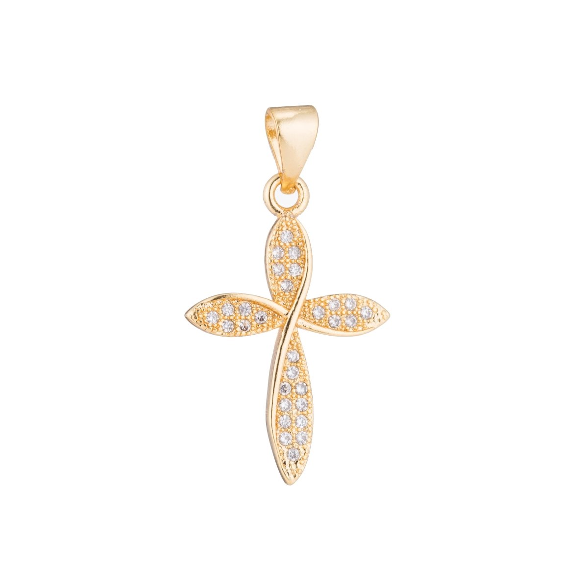 14K Gold Filled Clear Micro Paved CZ Religious Curved Cross Pendant | H361