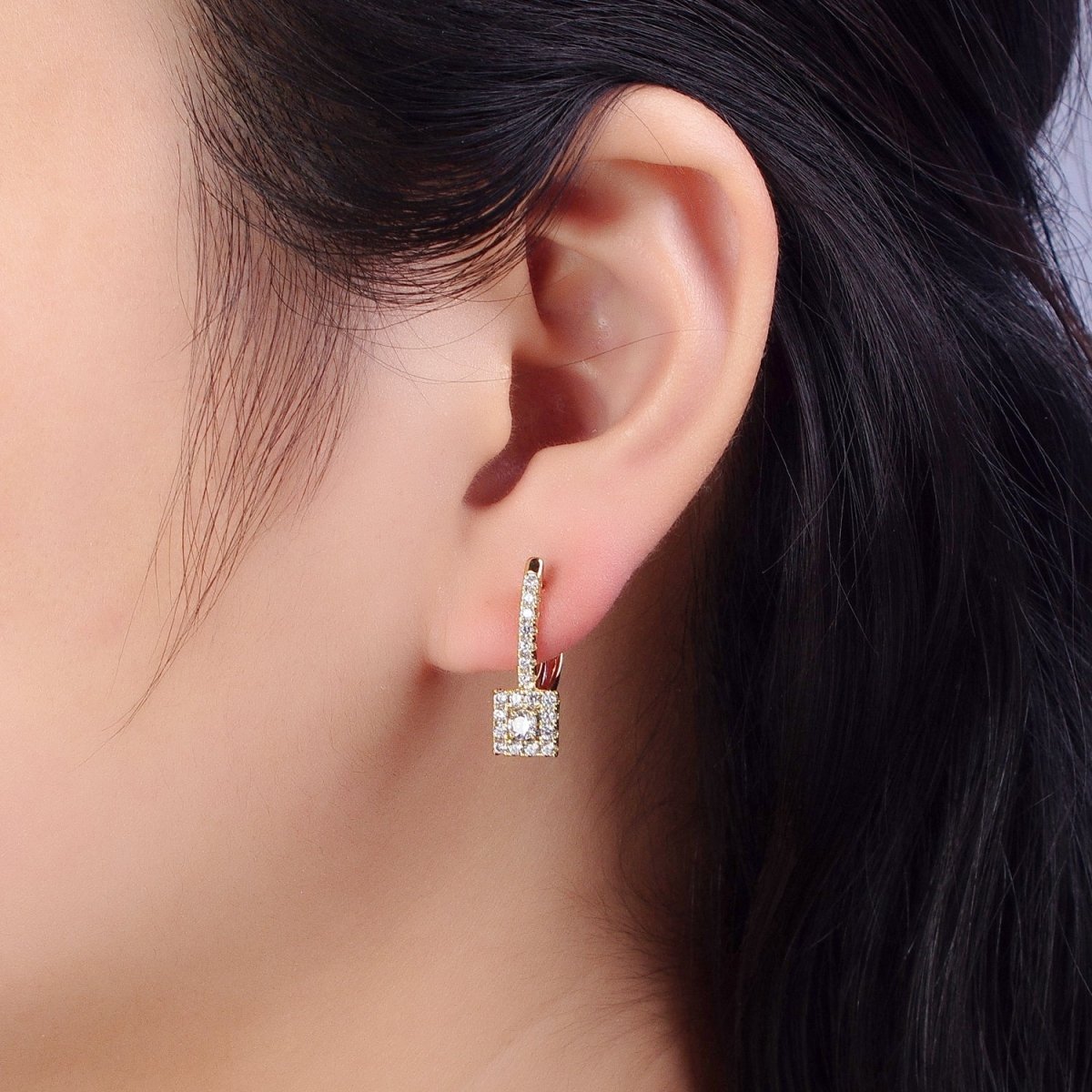 14K Gold Filled Clear Micro Paved CZ Square English Lock Earrings | AB316