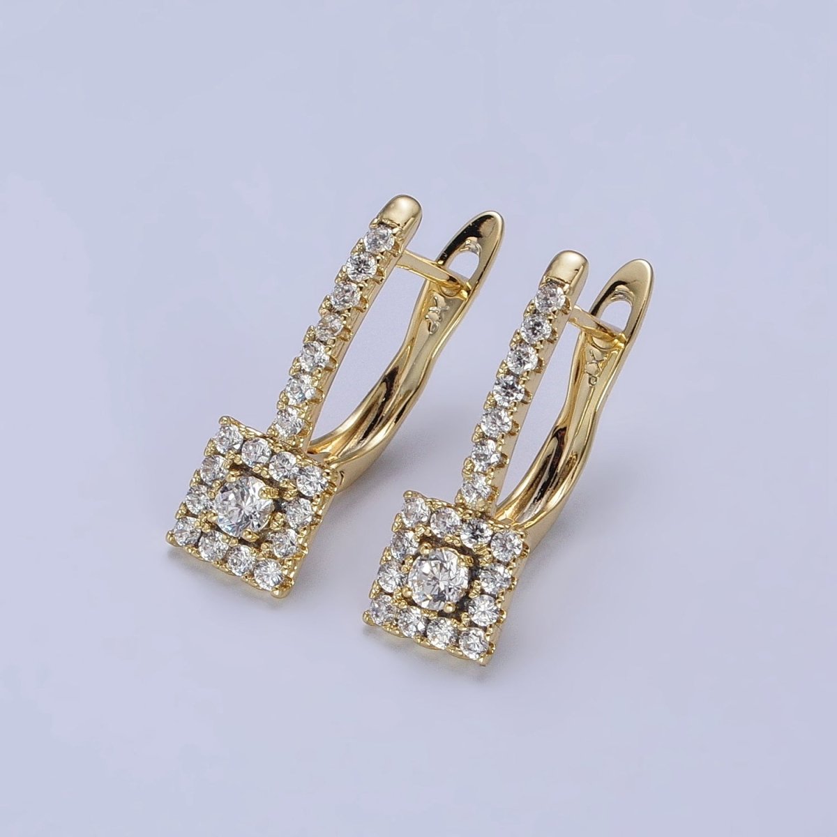 14K Gold Filled Clear Micro Paved CZ Square English Lock Earrings | AB316