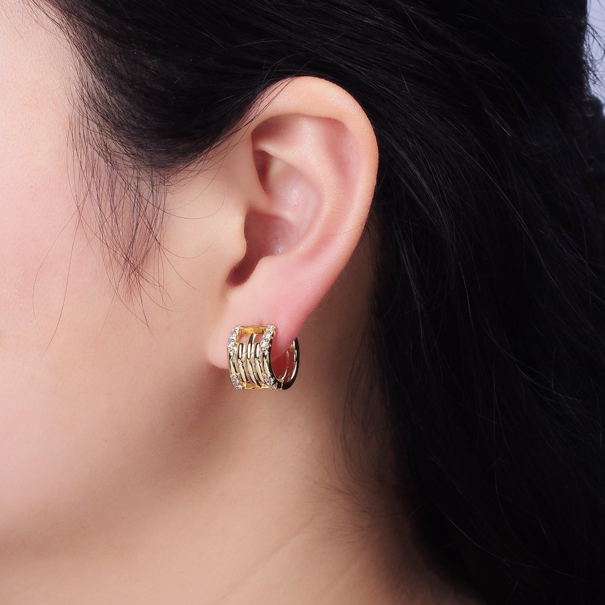 14K Gold Filled Clear Micro Paved Lined Multiple Band Bamboo Wide 14mm Huggie Earrings | AE549