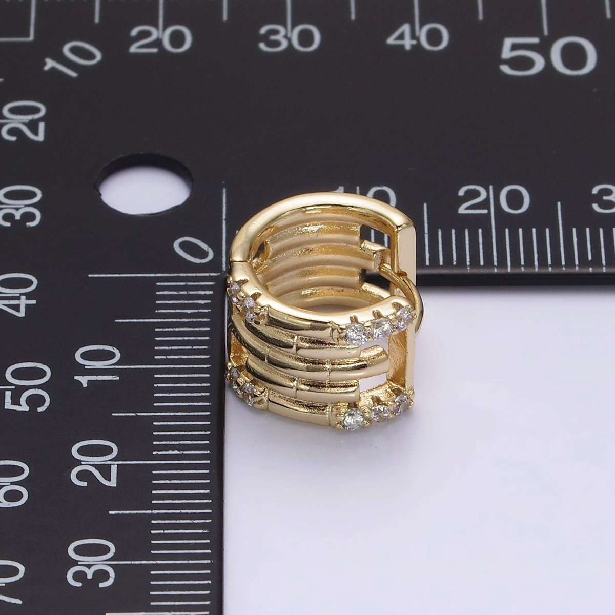 14K Gold Filled Clear Micro Paved Lined Multiple Band Bamboo Wide 14mm Huggie Earrings | AE549