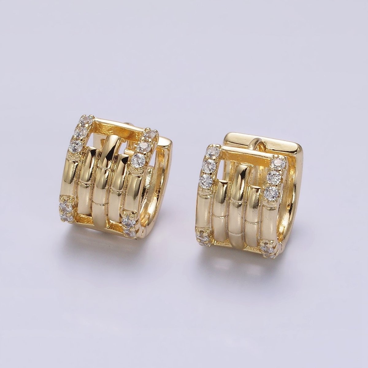 14K Gold Filled Clear Micro Paved Lined Multiple Band Bamboo Wide 14mm Huggie Earrings | AE549