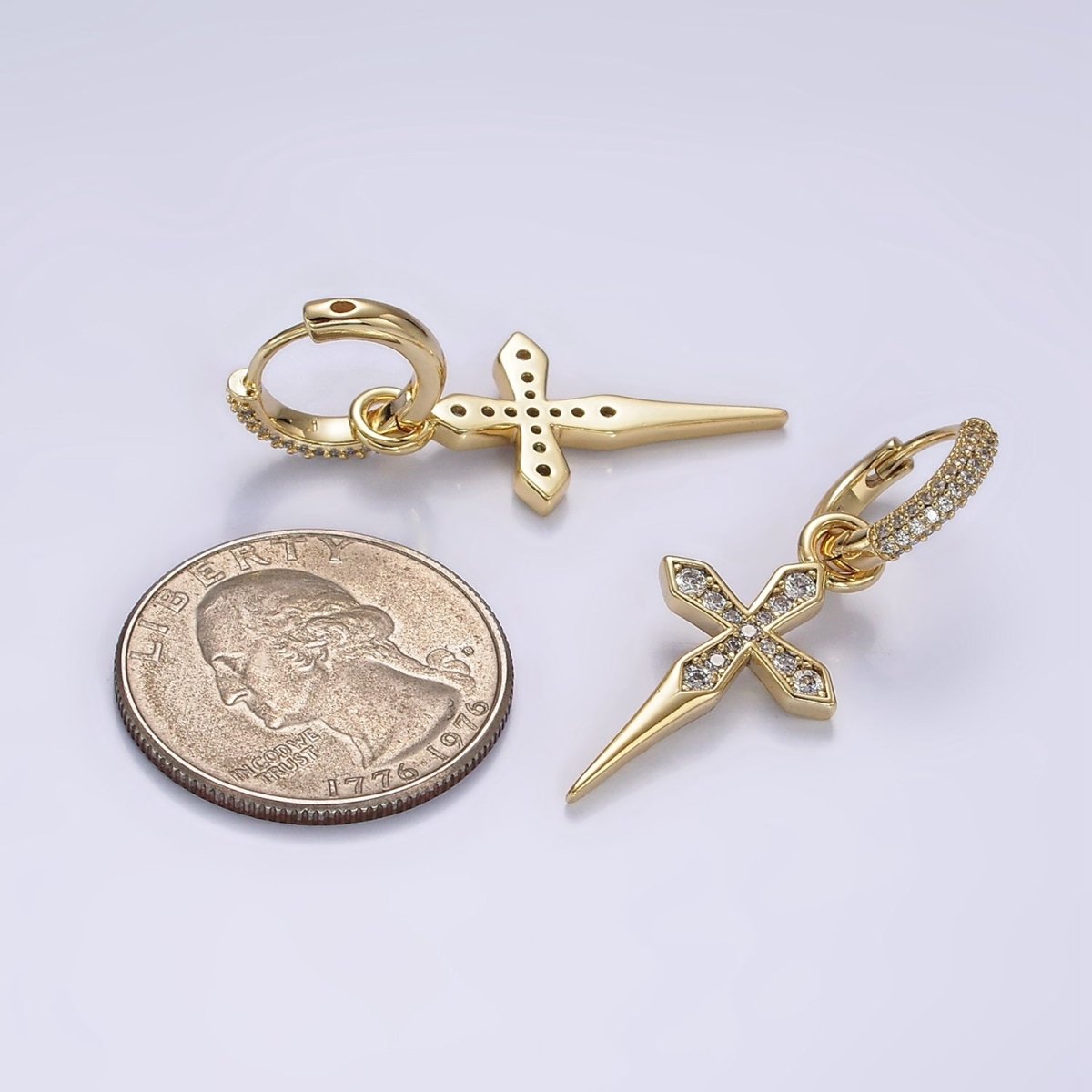 14K Gold Filled Clear Micro Paved Passion Cross Drop Huggie Earrings | AE927