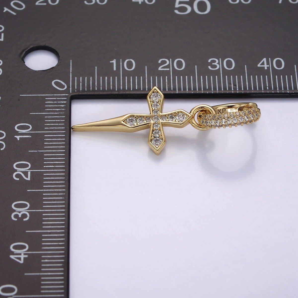 14K Gold Filled Clear Micro Paved Passion Cross Drop Huggie Earrings | AE927