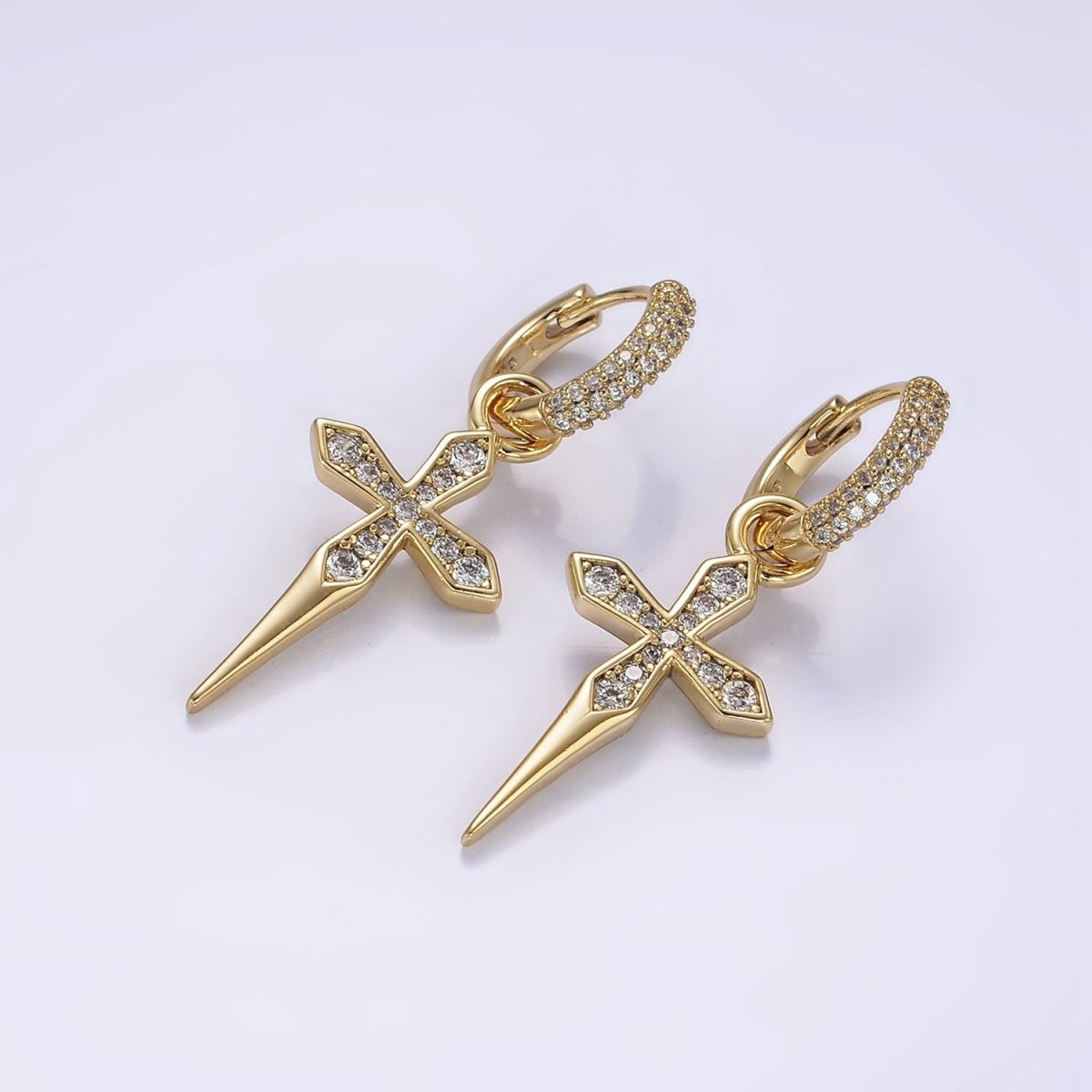 14K Gold Filled Clear Micro Paved Passion Cross Drop Huggie Earrings | AE927