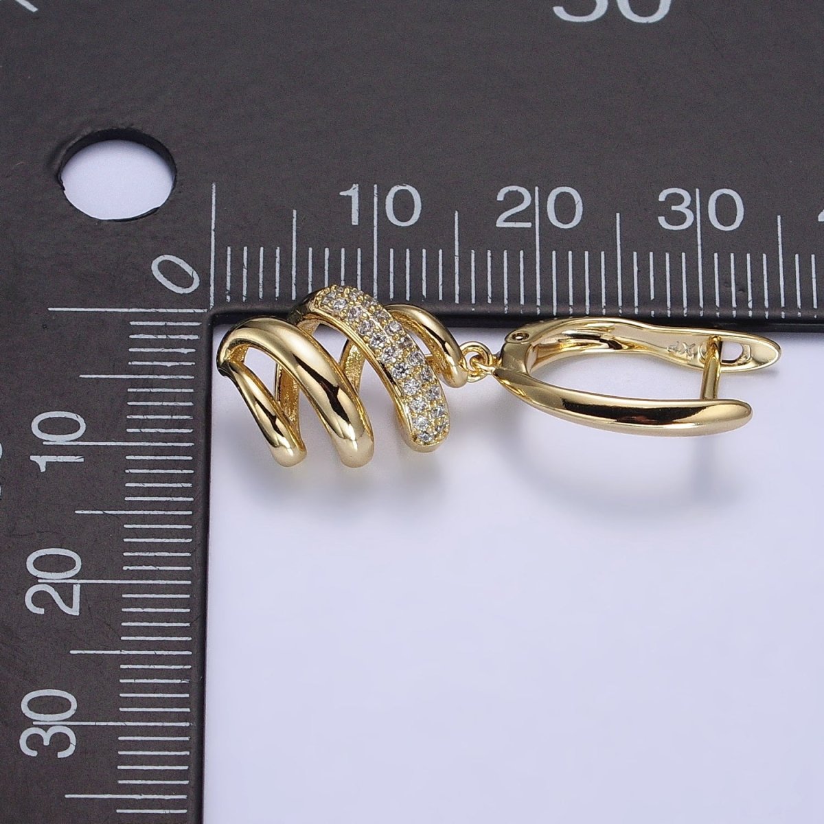 14K Gold Filled Clear Micro Paved Twisted Spiral Coil Dangle Drop English Lock Earrings | AB314
