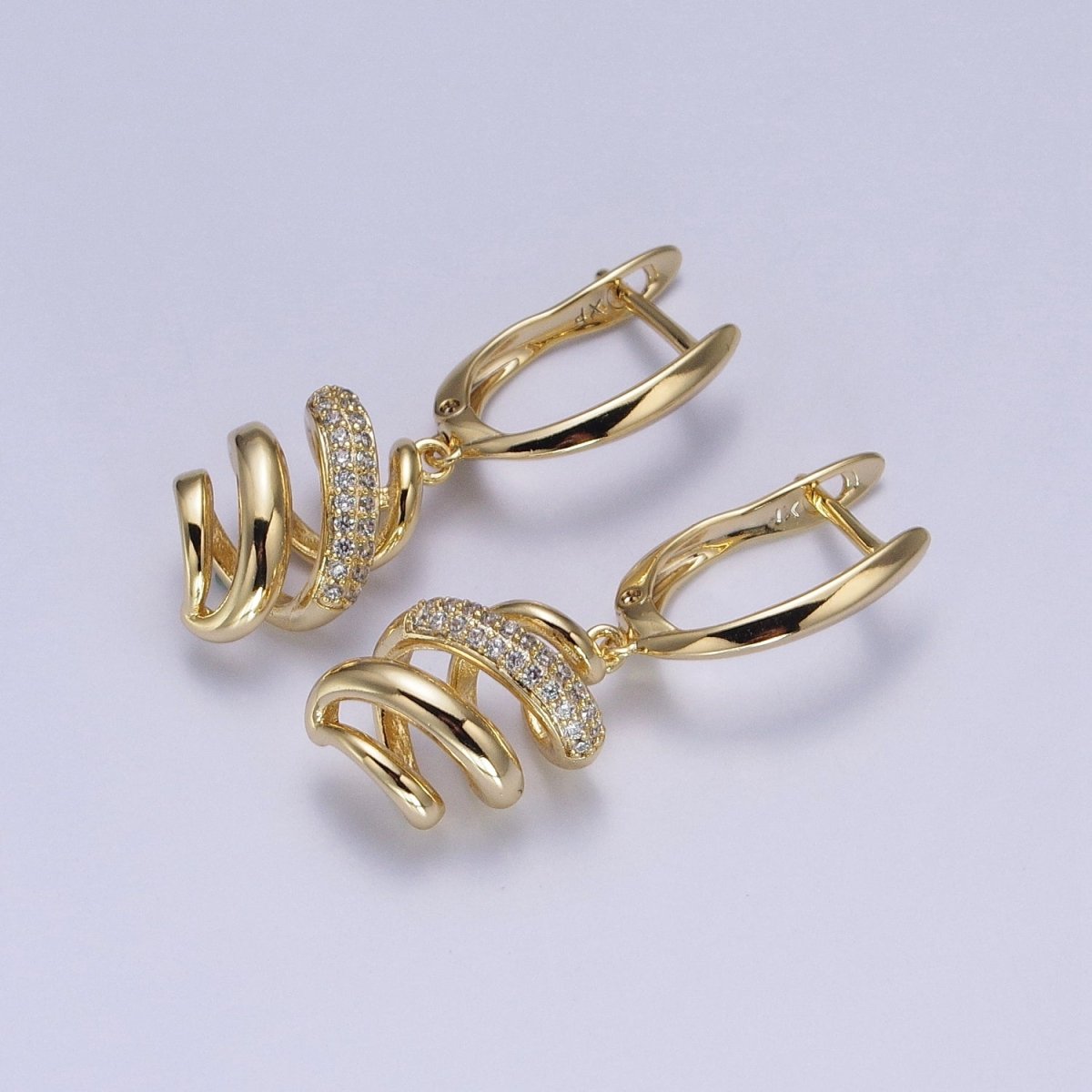 14K Gold Filled Clear Micro Paved Twisted Spiral Coil Dangle Drop English Lock Earrings | AB314