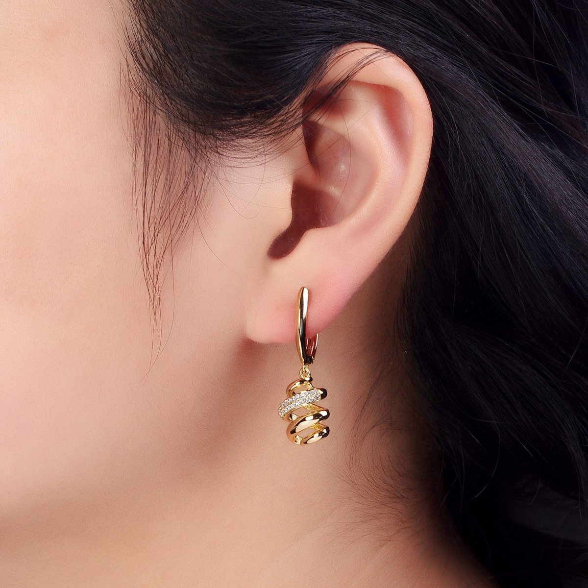 14K Gold Filled Clear Micro Paved Twisted Spiral Coil Dangle Drop English Lock Earrings | AB314