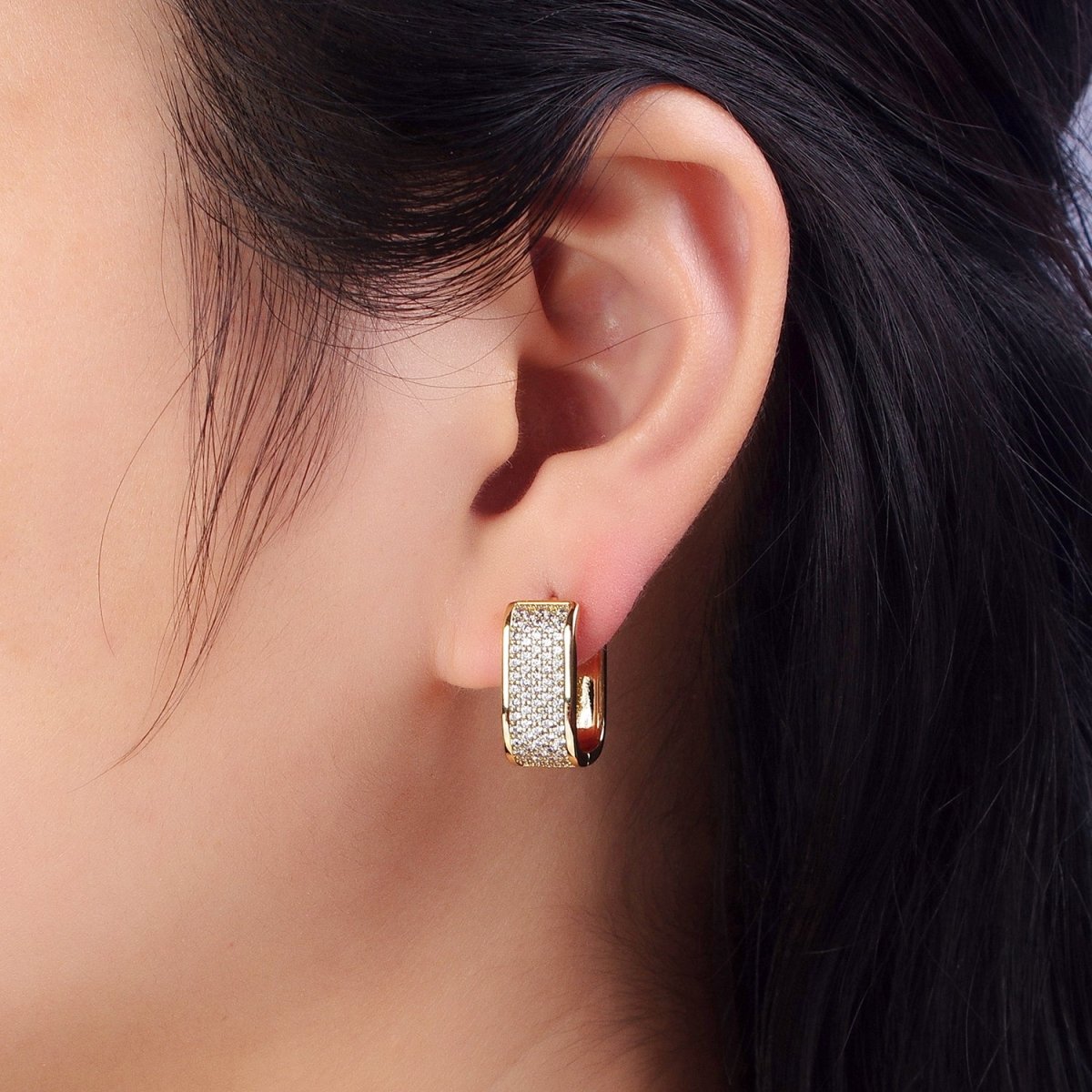 14K Gold Filled Clear Micro Paved Wide U-Shaped Oblong Hoop Earrings | AB333