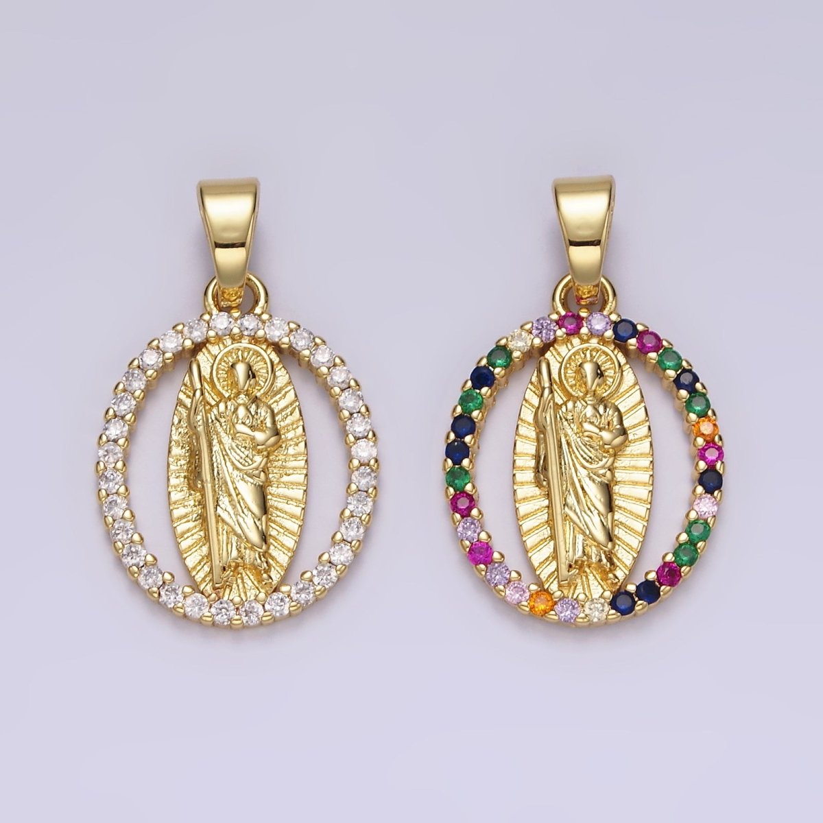 14K Gold Filled Clear, Multicolor CZ Saint Jude Sunburst Open Oval Pendant | N1309 N1310