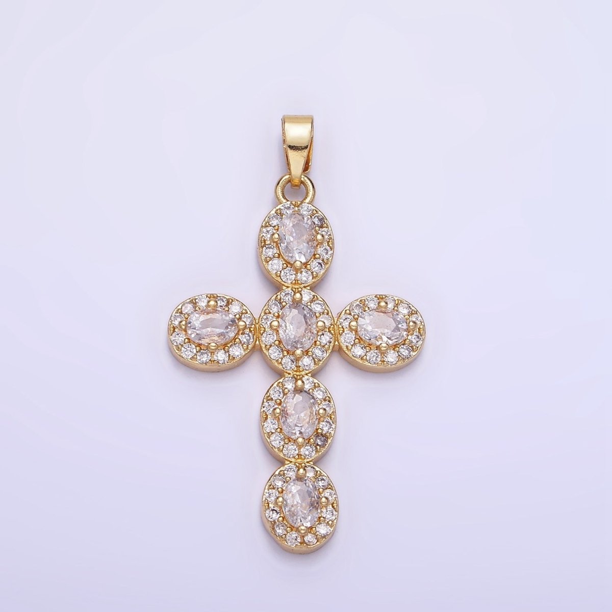 14K Gold Filled Clear, Multicolor Micro Paved Oval Cross Pendant in Gold & Silver | AA1166 AA1167