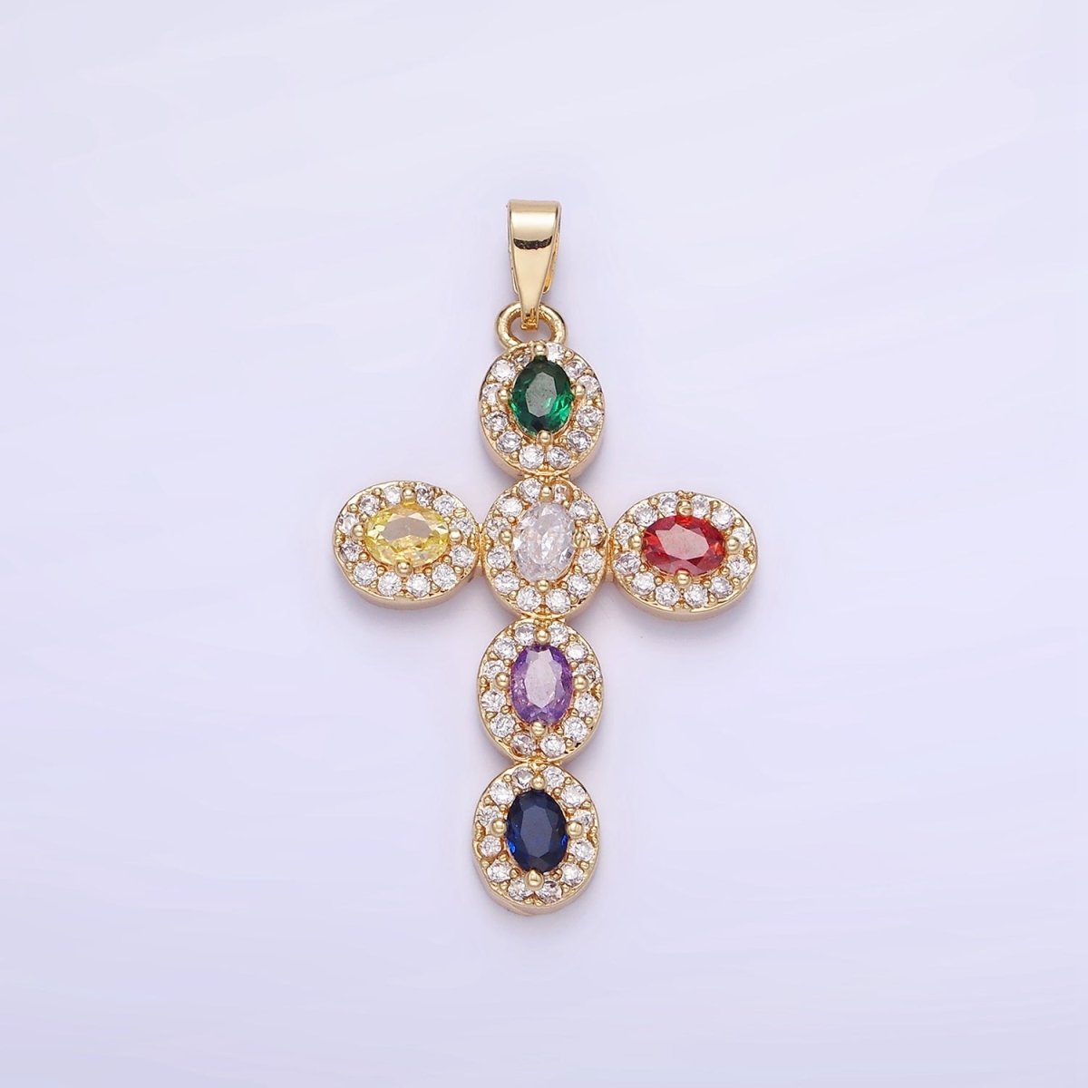 14K Gold Filled Clear, Multicolor Micro Paved Oval Cross Pendant in Gold & Silver | AA1166 AA1167