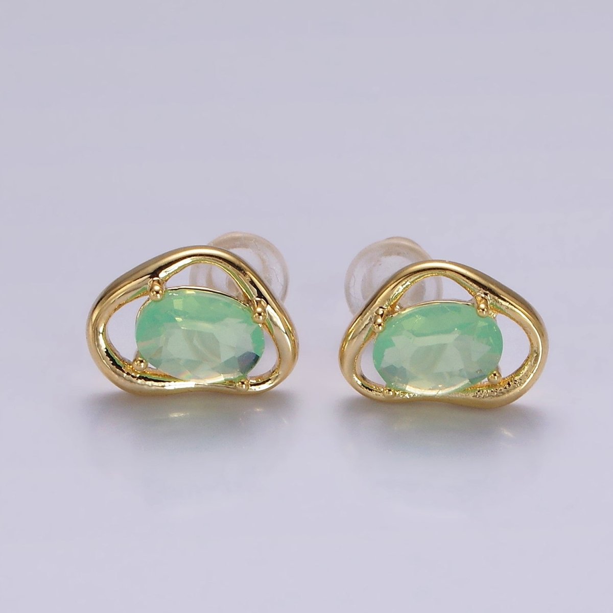 14K Gold Filled Clear, Pink, Blue, Green Oval CZ Open Abstract Bezel Stud Earrings in Gold & Silver | V330 - V341